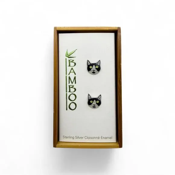 Tuxedo Cat Face Stud Earrings 925 Sterling Silver Cloisonne Enamel Kitten - Picture 2 of 4